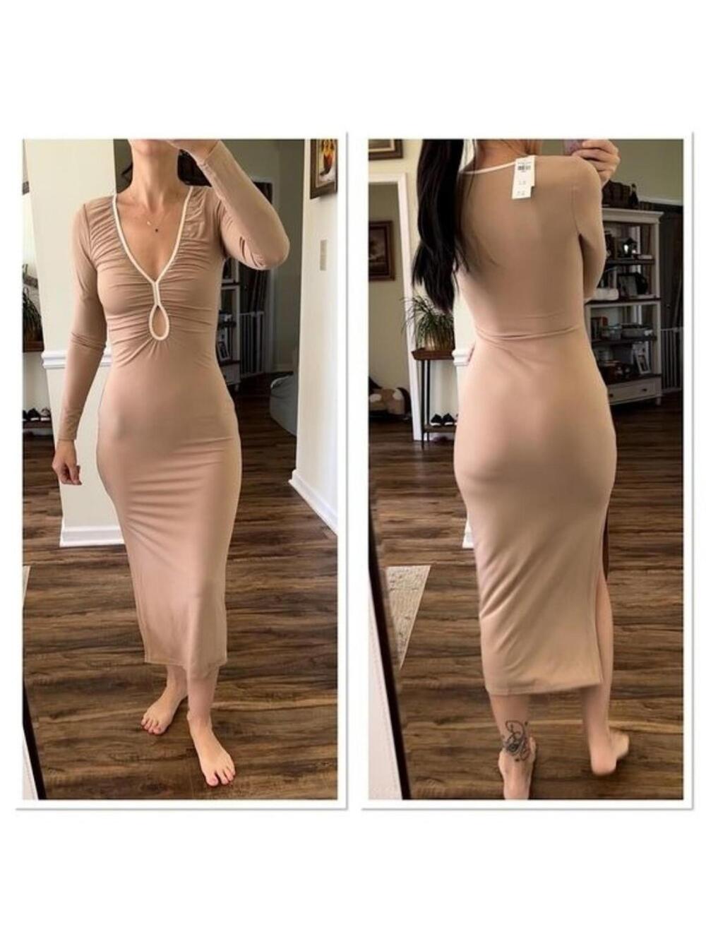 ABERCROMBIE & FITCH Neutral Bodycon Keyhole Cutout Long Sleeve Midi Dress XS NWT